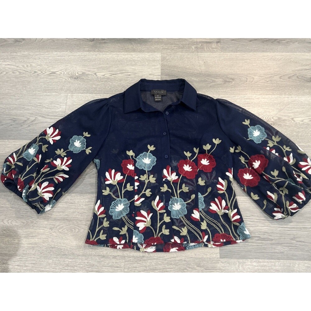 Gracia Vibrant Floral Embroidered Balloon Sleeves Navy Blouse Size Medium